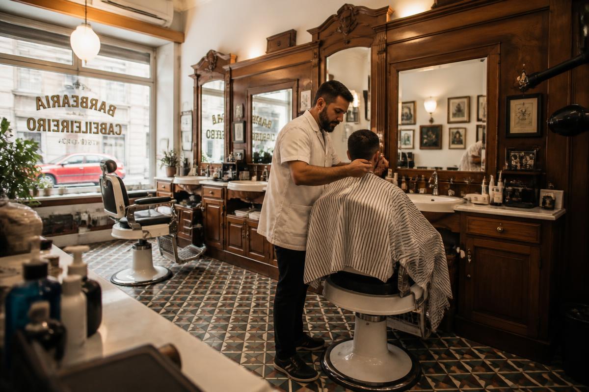 Barbearia no Porto durante um atendimento